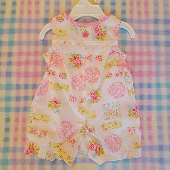KRU LAYETTE 💐 Sweet Little Pink 'n Green Floral Sleeveless Romper w/Bows  0-3M - Picture 11 of 16